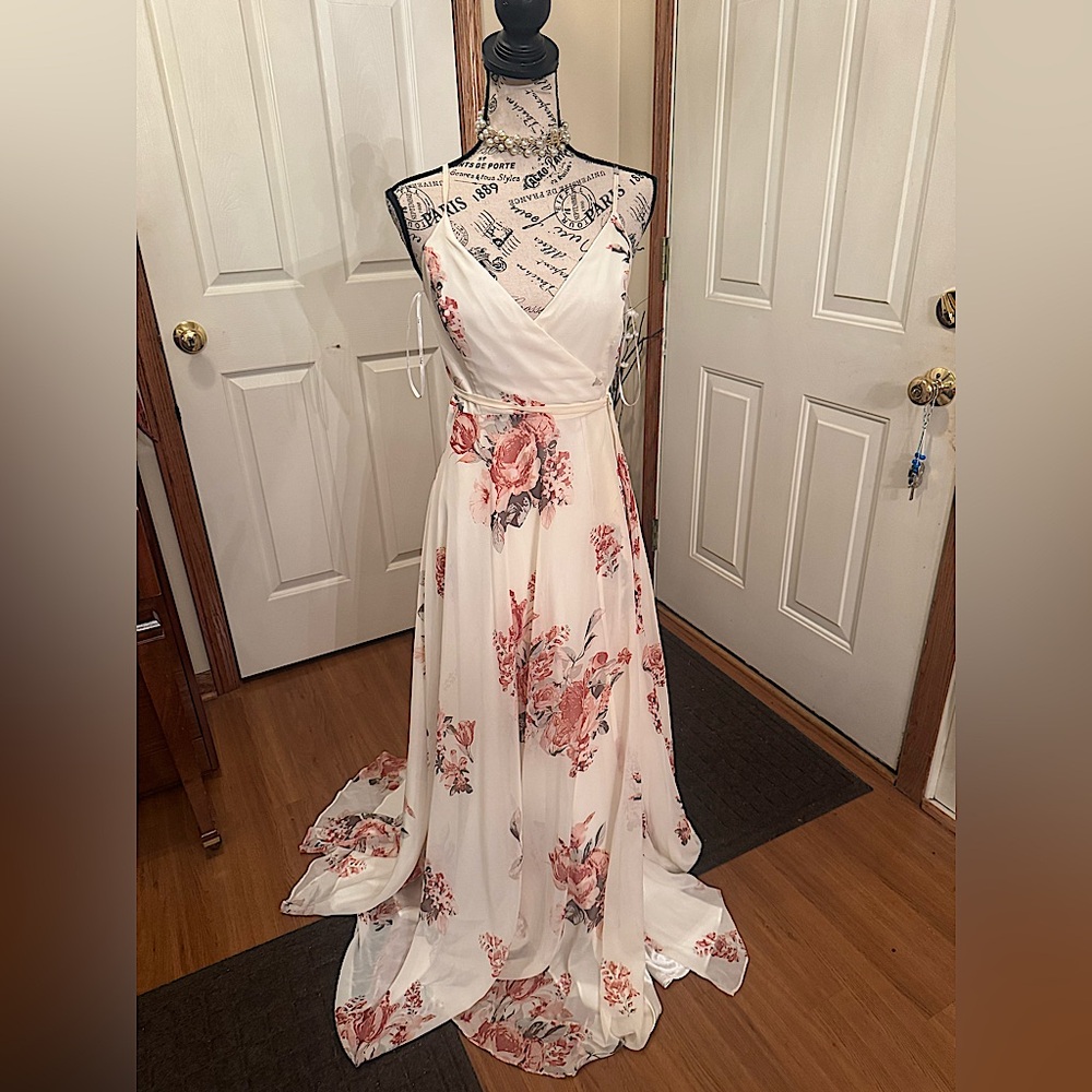 Lulu's Cream Maxi Dress with Pink Rose Floral Print
